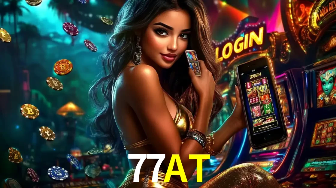 Mulher em um cenário de cassino temático de aventura, mostrando o app de caça-níqueis da 77AT no celular. Fichas de apostas flutuam ao redor.