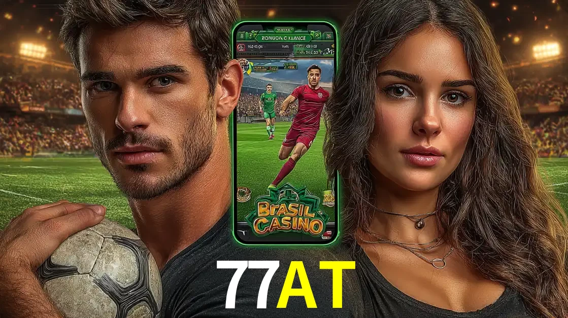Homem segurando uma bola de futebol e uma mulher ao lado de um smartphone exibindo o jogo de apostas esportivas da 77AT. Faça seu palpite no cassino online.