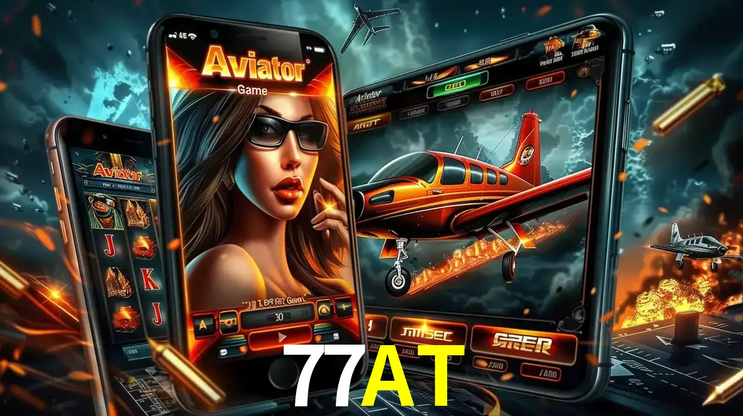 O popular jogo de apostas Aviator exibido em vários celulares e tablets, mostrando a interface emocionante e a ação de voo disponíveis para jogar agora no 77AT.