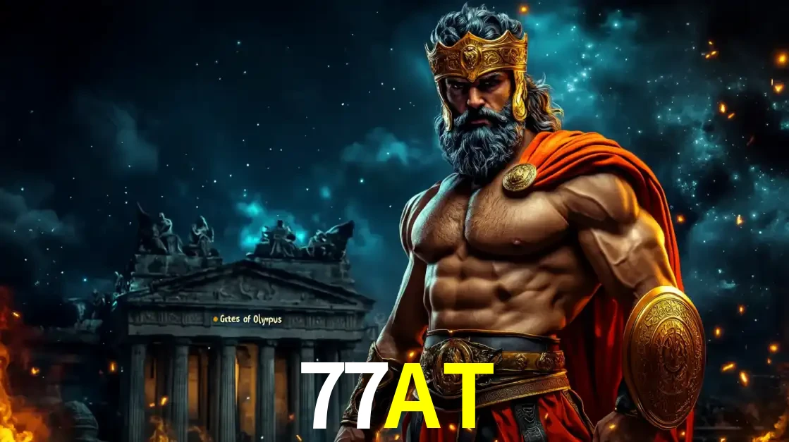 O poderoso Zeus do jogo de slot Gates of Olympus em frente ao seu templo, pronto para lançar multiplicadores divinos e prêmios épicos no cassino online 77AT.