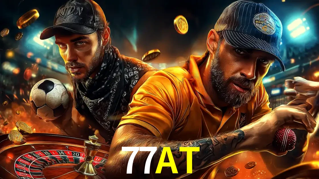 Montagem de apostas esportivas e cassino no 77AT, com um homem segurando uma bola de futebol e outro uma de beisebol sobre uma roleta e moedas voadoras.