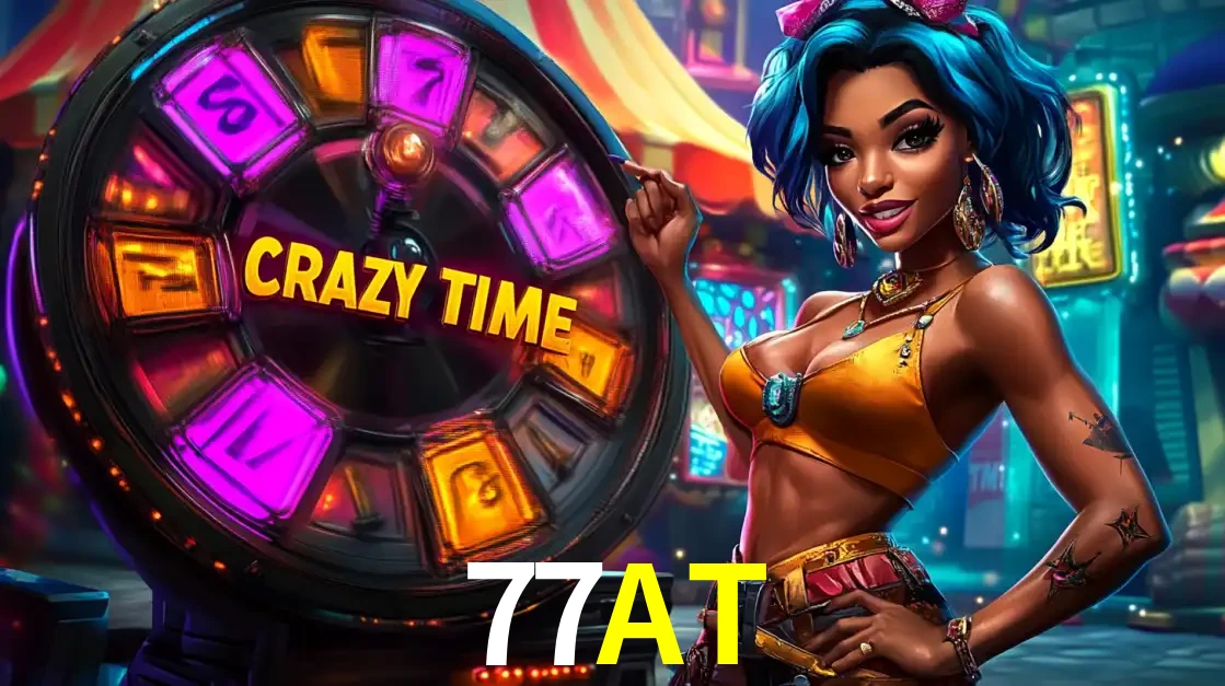 Mulher estilizada com cabelo azul e visual vibrante posando ao lado da roda de prêmios do game show Crazy Time, convidando para a diversão e os bônus do cassino 77AT.