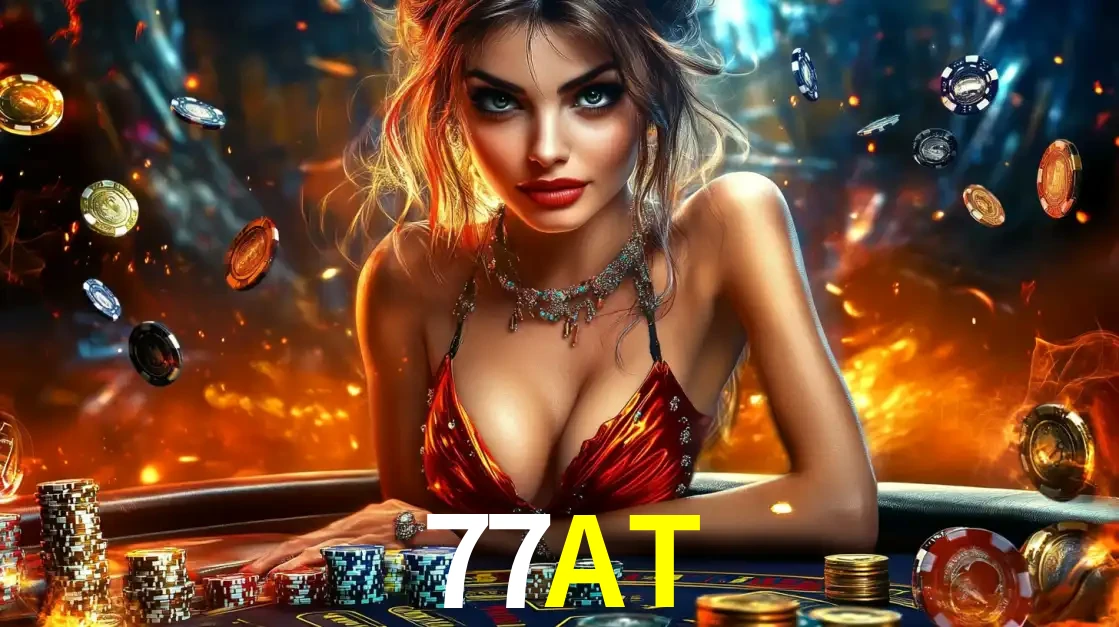 Mulher em uma mesa de cassino com pilhas de fichas e um fundo de fogo, pronta para uma rodada de altas apostas nos jogos de mesa emocionantes do cassino 77AT.