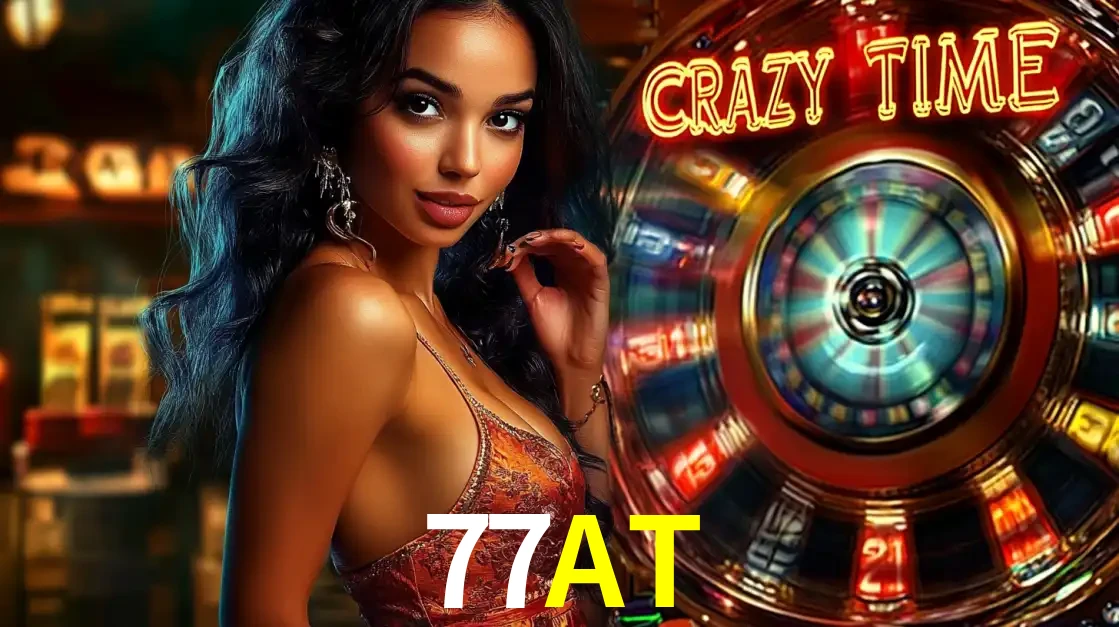 Mulher elegante ao lado da vibrante roda da fortuna do jogo de cassino ao vivo Crazy Time, um dos game shows mais populares e cheios de prêmios do 77AT.