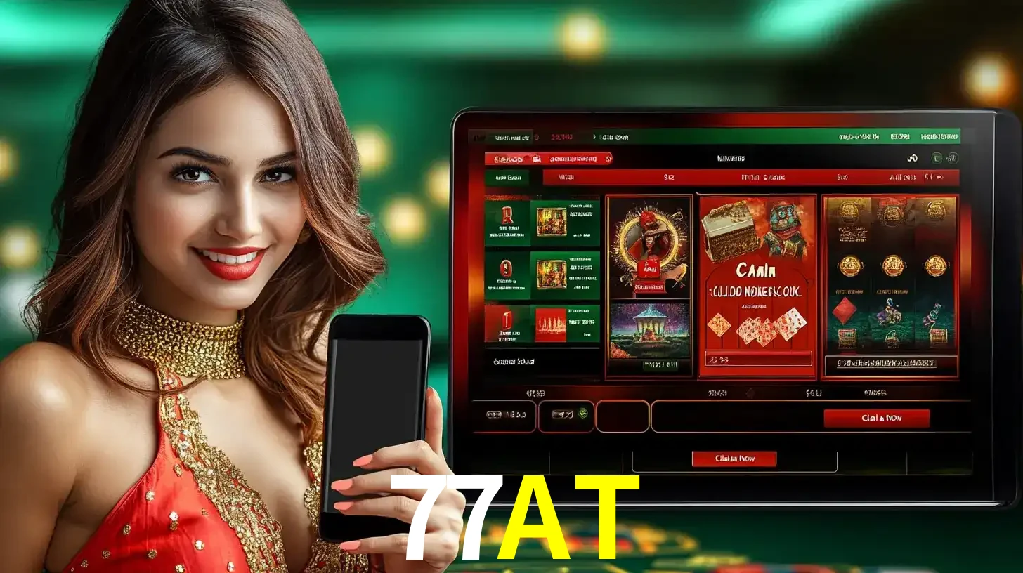 Mulher sorridente segurando um smartphone, ao lado de uma tela exibindo o lobby de jogos do cassino online 77AT, com várias opções de jogos de cartas e slots.